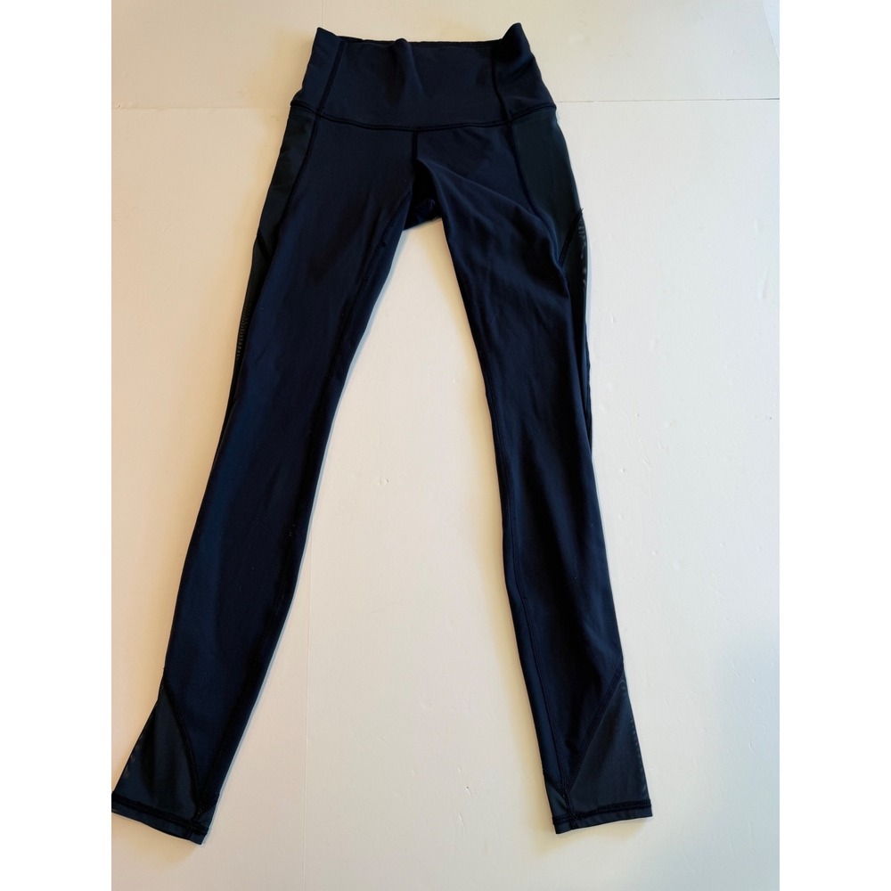 Lululemon High Rise Mesh Panel Leggings Navy‎ Blue Size 4 Yoga Training Tights